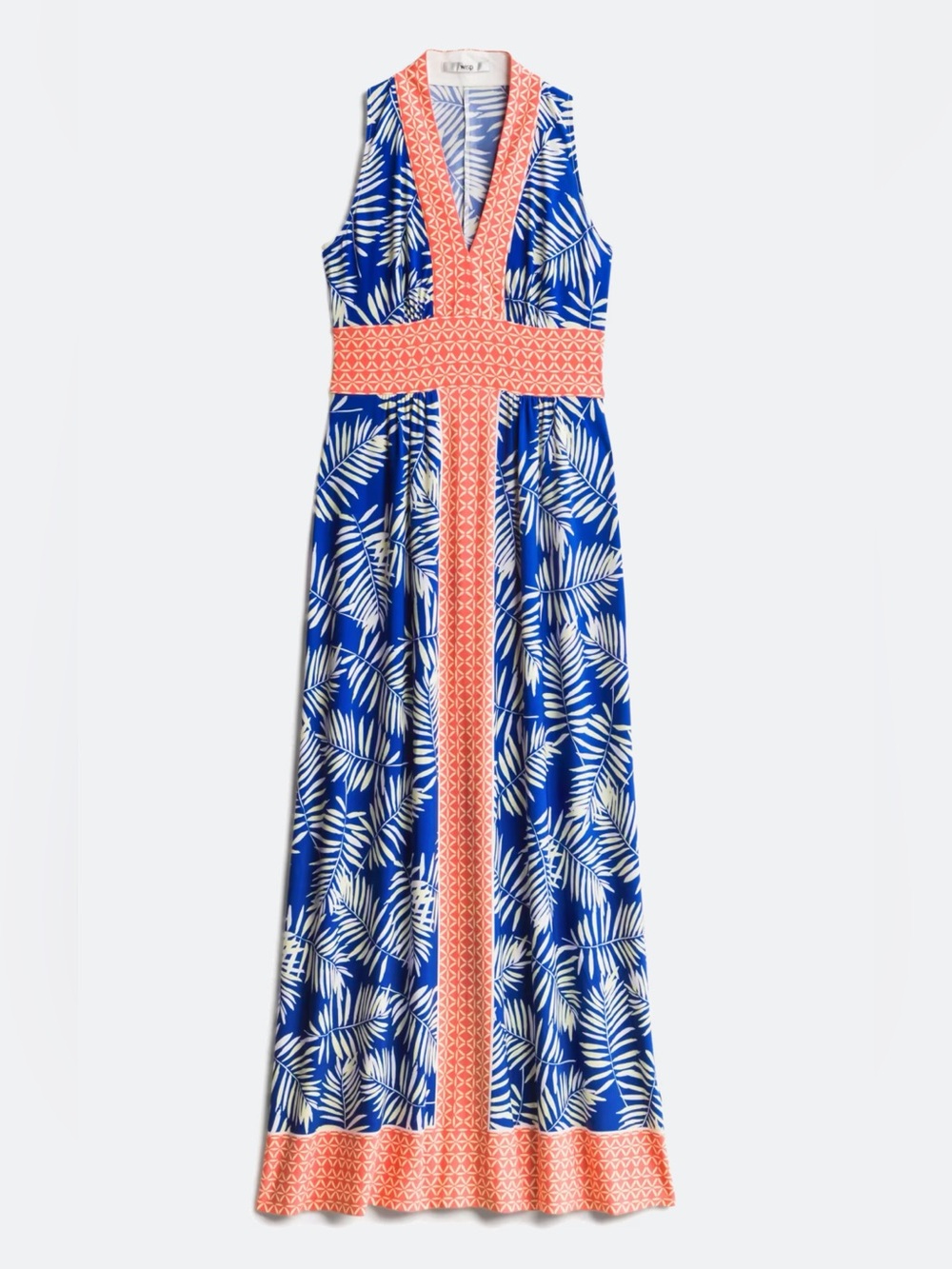 Blue Palm-Print Maxi Dress with Coral Trim